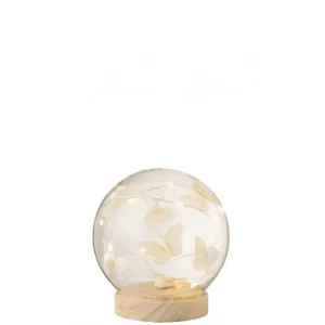LANADECO Cloche Boule Led Papillons Verre/bois Blanc/naturel H13cm 7