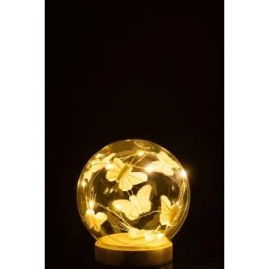 LANADECO Cloche Boule Led Papillons Verre/bois Blanc/naturel H13cm 9