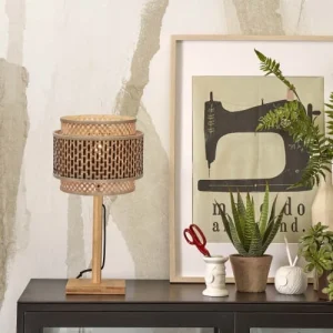 Good & Mojo Lampe De Table En Bambou Abat-jour En Bambou Naturel/noir, H. 40cm 12