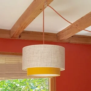 Ambiances & Toiles Suspension Cylindrique Lin Naturel Et Fils Multicolores/bandeau Jaune 10